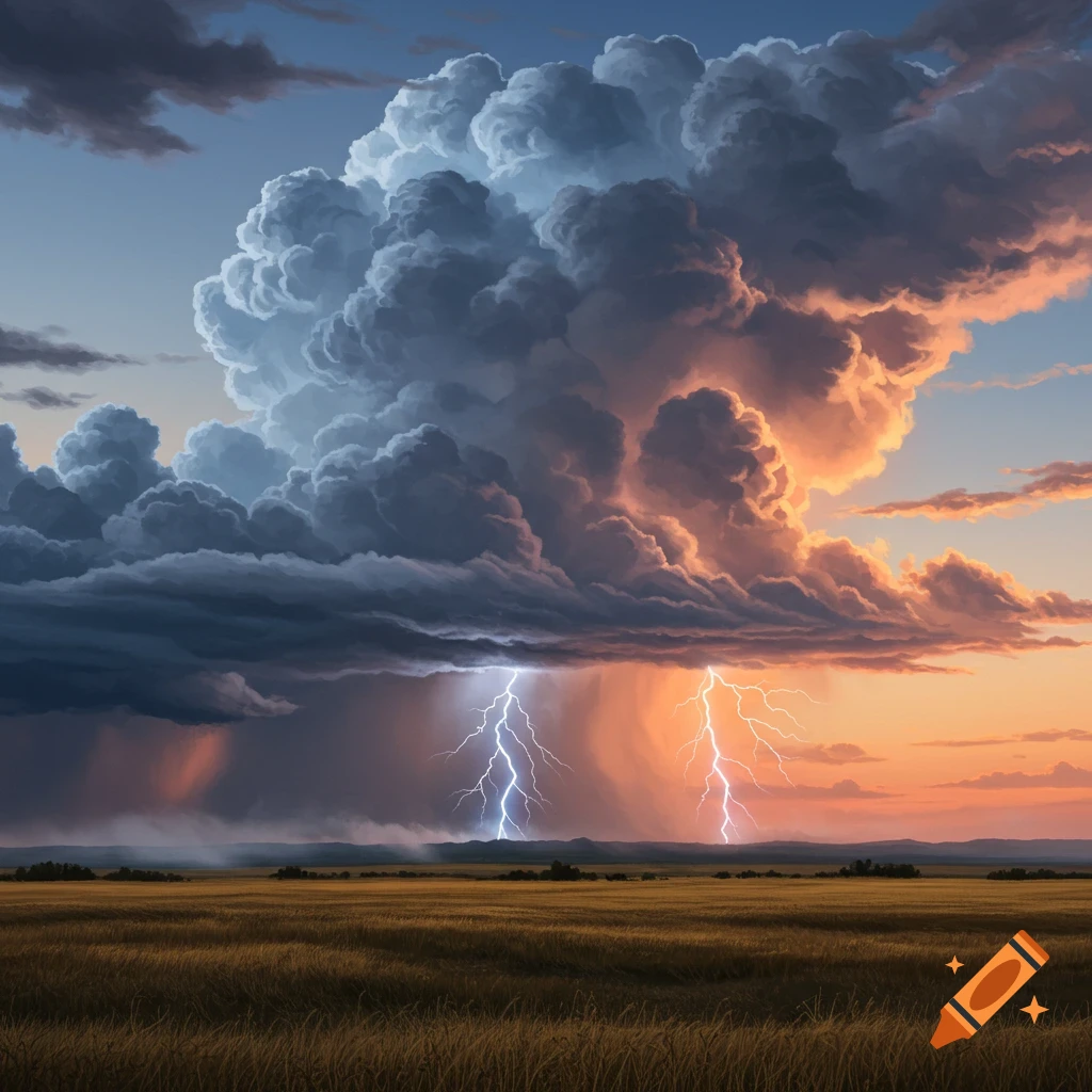 Dramatic thunderstorm with multiple lightning strikes over a golden field at sunset, with dark and orange clouds.