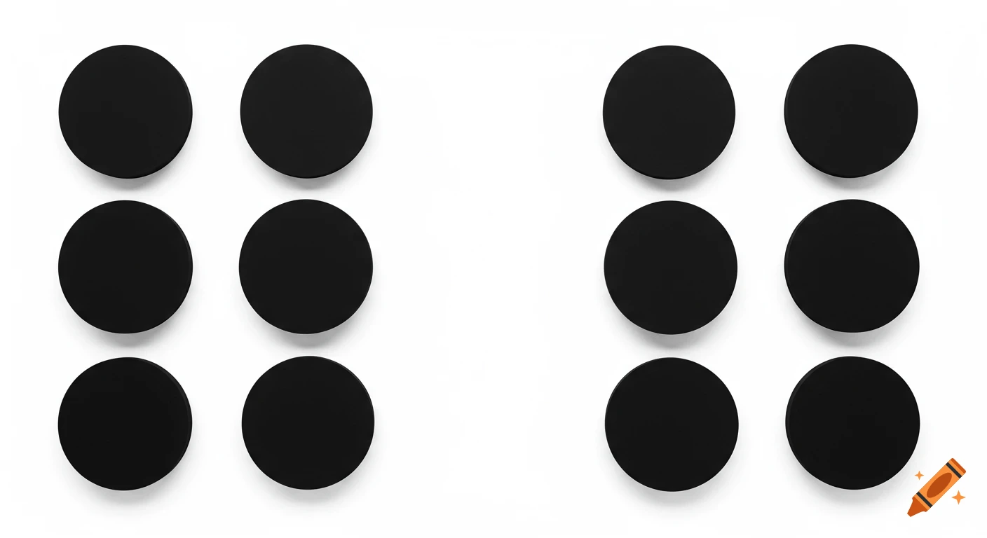 Ten identical black circles neatly arranged on a bright white background in a minimalist, abstract style.
