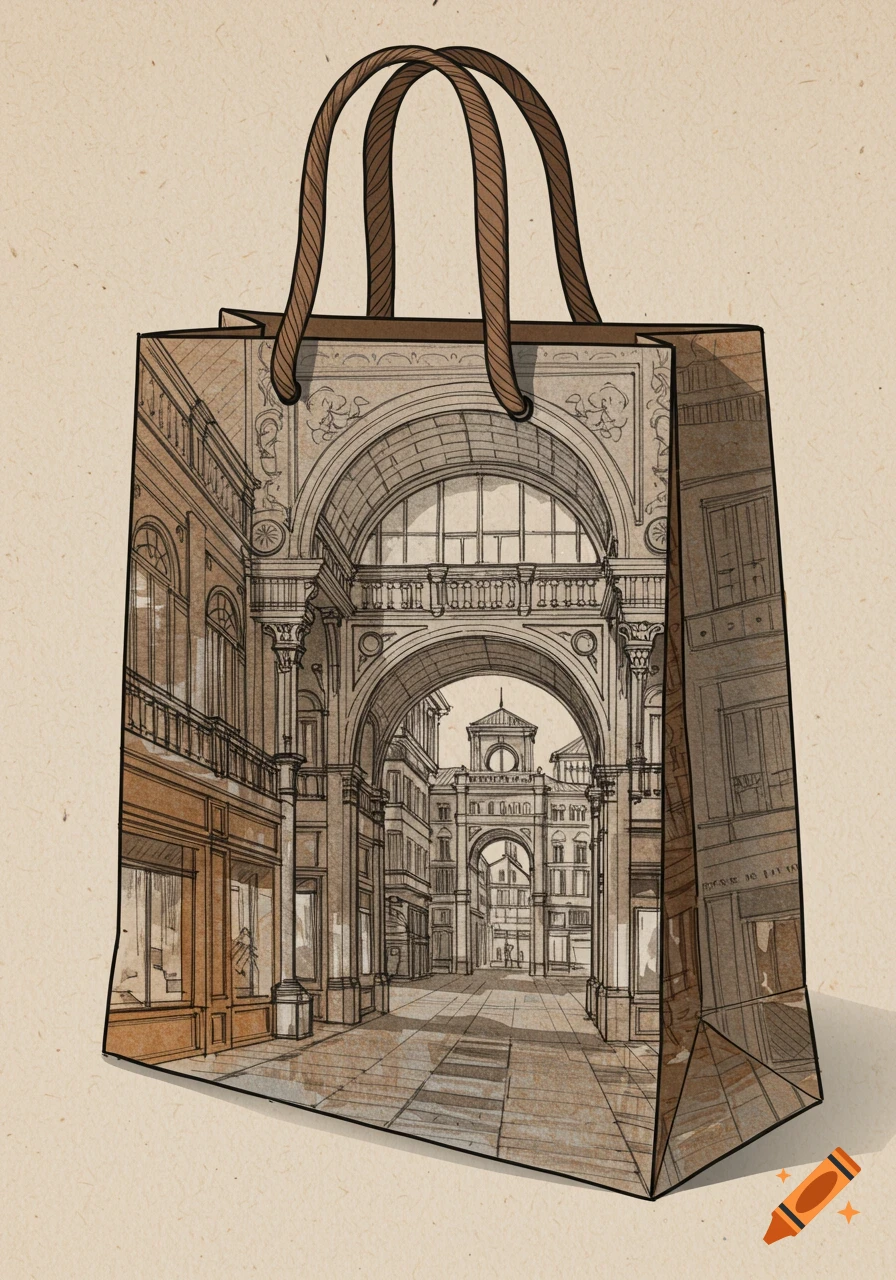An illustrated shopping bag featuring a detailed brown sketch of an architectural arcade or galleria against a textured beige background.