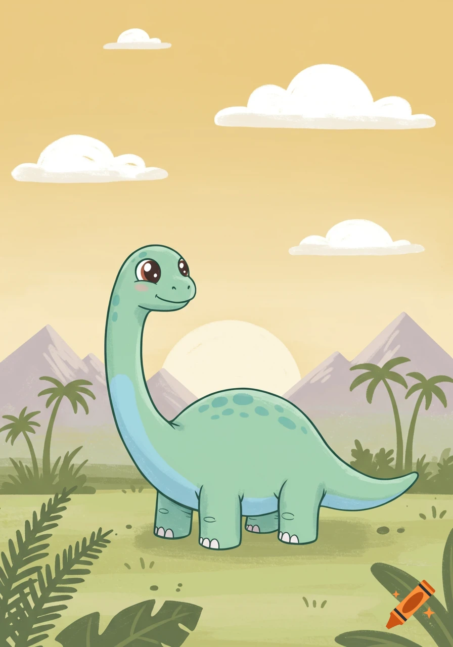 A friendly cartoon brontosaurus with a long neck and green skin smiles in a prehistoric landscape with mountains and palm trees at sunset.