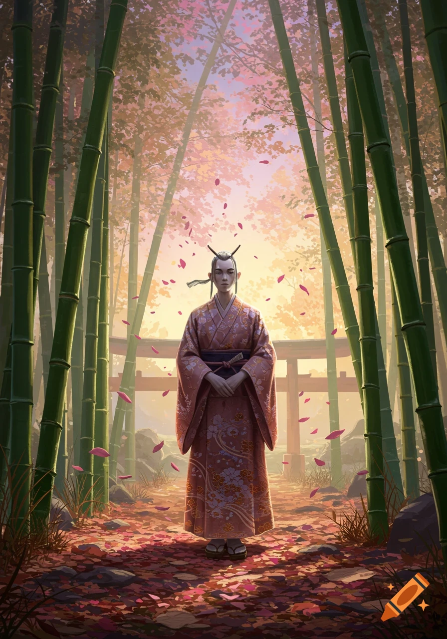 A person in a pink patterned kimono stands in a vibrant bamboo forest with falling pink leaves and a torii gate.