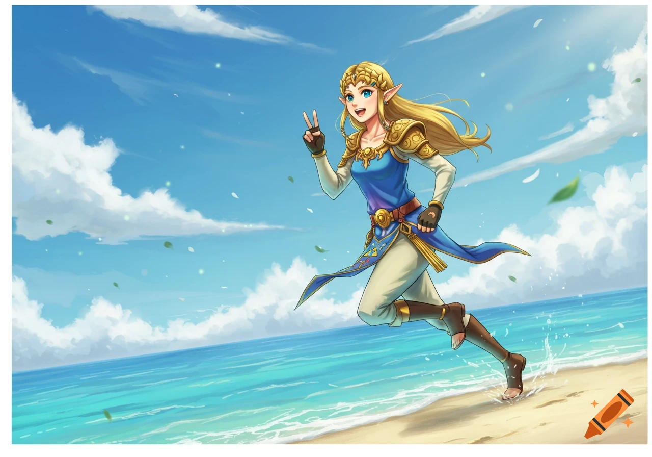 Anime-style Princess Zelda runs happily on a sunny beach, giving a peace sign, with blue ocean and sky.
