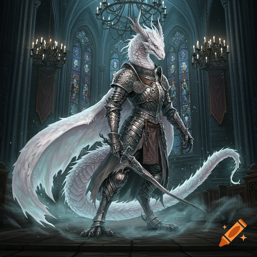 A white dragonborn knight in intricate silver armor stands in a dark, gothic cathedral, holding a sword. Stained glass windows and chandeliers are in the background.