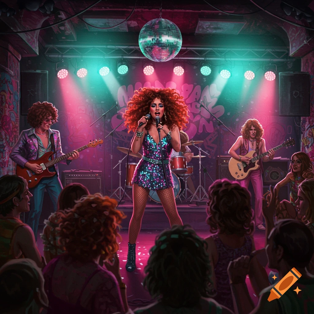 A band performs on stage under a disco ball and colorful pink and blue lights. The lead singer has large red hair and wears a sparkly dress, holding a microphone. Guitarists are on either side, and a drummer is in the background, with a crowd watching from the foreground.