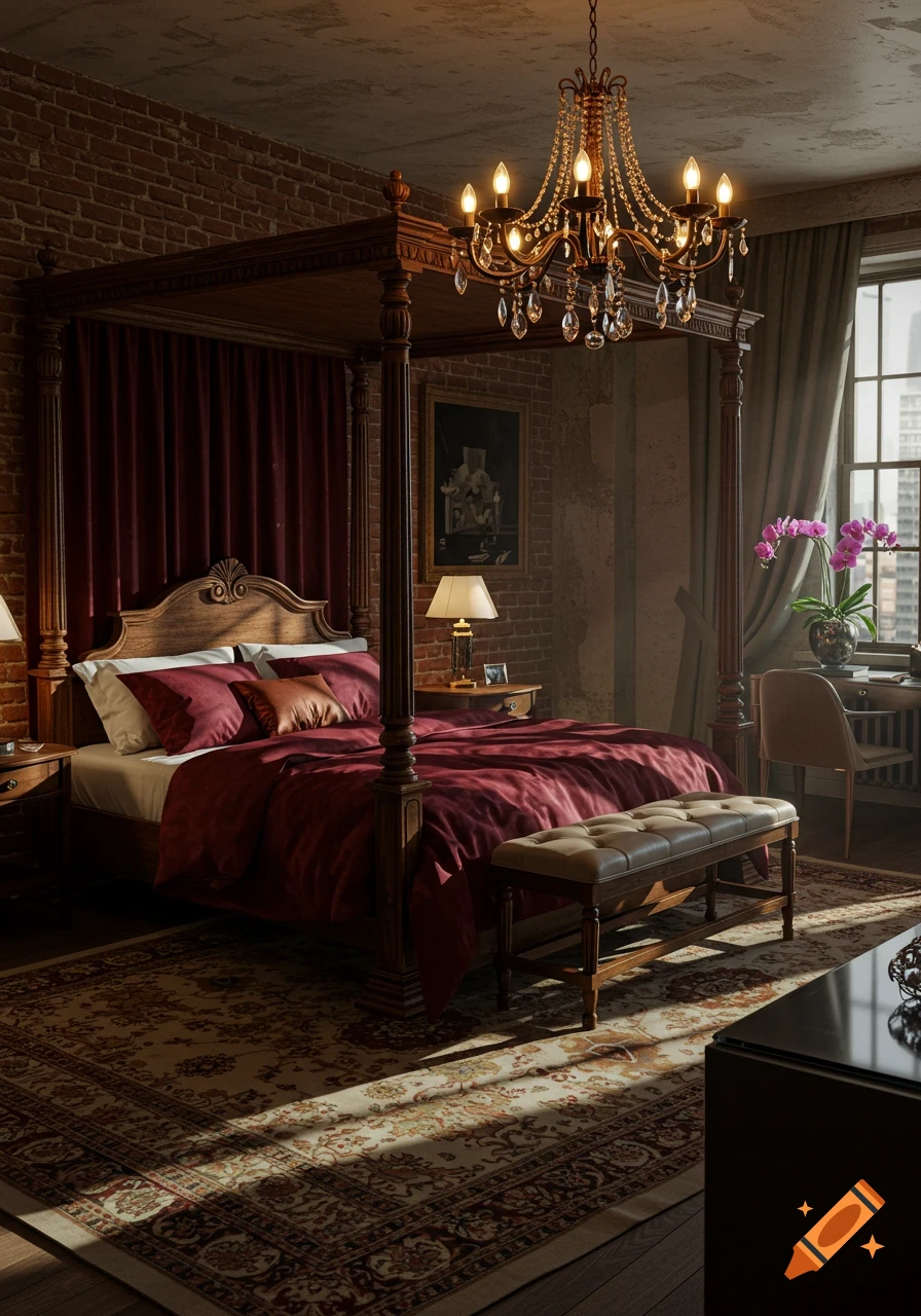 Luxurious, dimly lit hotel bedroom with a four-poster bed, deep red bedding, crystal chandelier, and brick walls.
