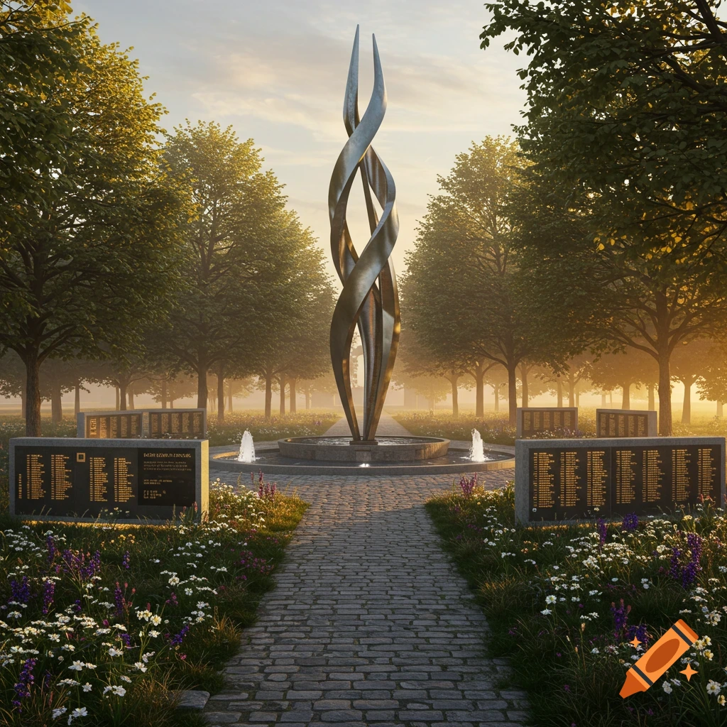 A bronze-colored twisted sculpture stands in a memorial park with a paved path, flower beds, trees, and name plaques at golden hour.