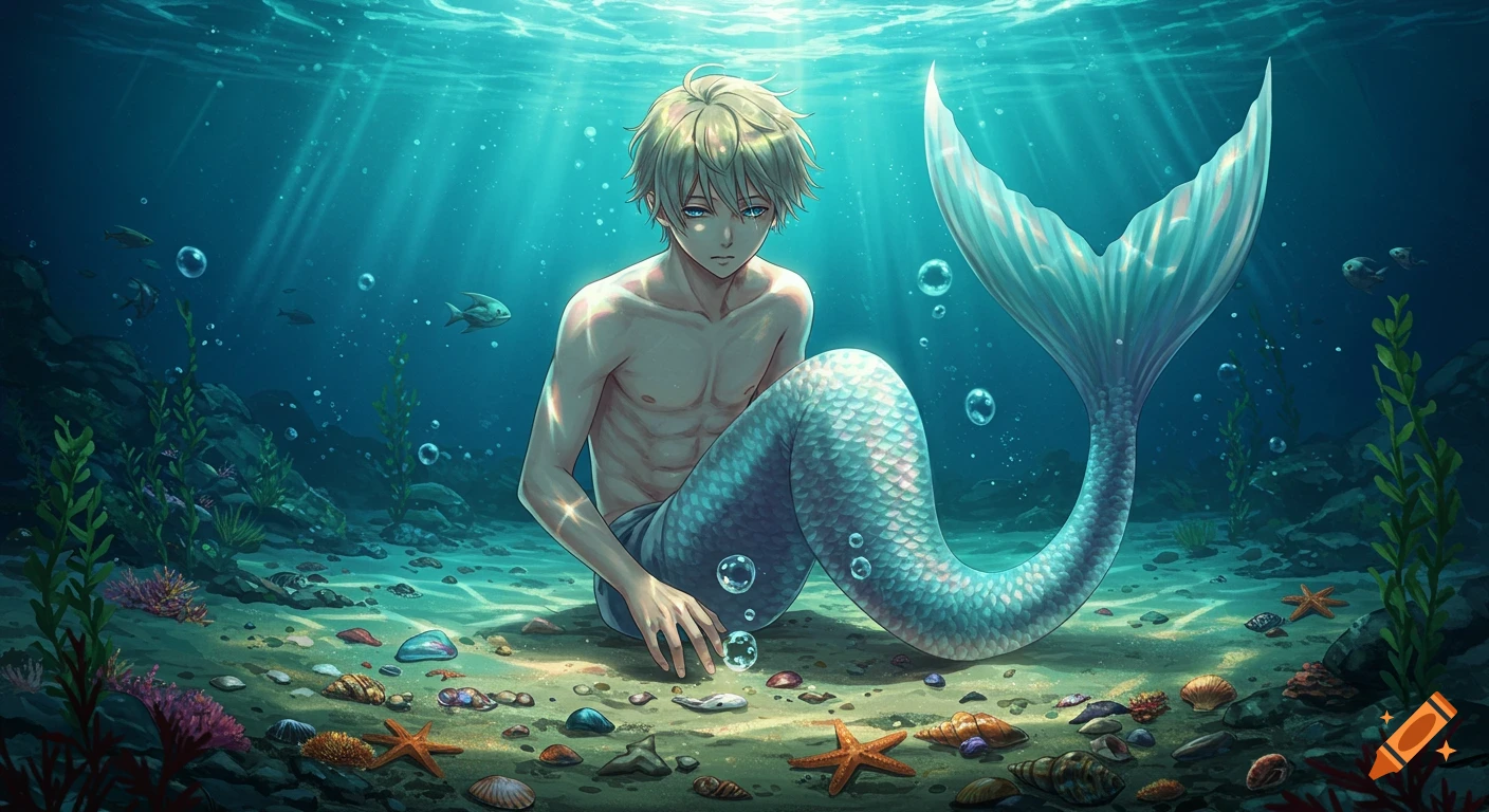 Anime blond merman with a blue tail sits on the ocean floor, surrounded by seashells and plants, with light rays shining from above.