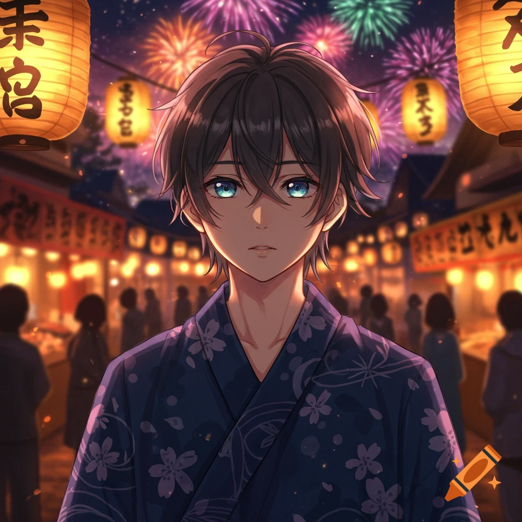 Anime boy with blue eyes wearing a yukata at a Japanese festival with lanterns and fireworks.