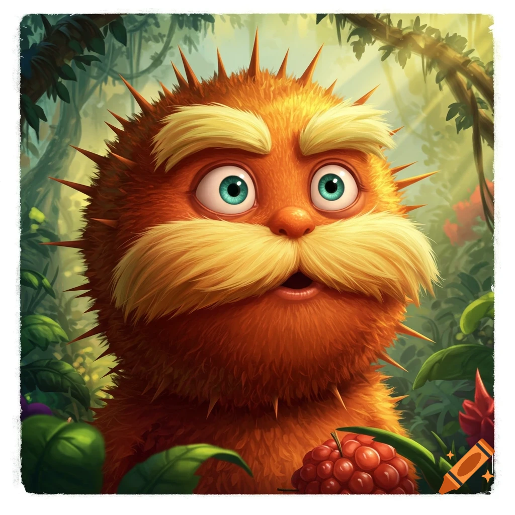 An orange, spiky, furry cartoon creature with a large white mustache, thick white eyebrows, and wide, slightly cross-eyed blue eyes looks surprised in a vibrant green jungle with red berries.
