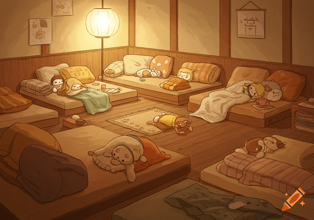 A cozy, dimly lit room with cartoon characters and plushies sleeping on mattresses on the floor.