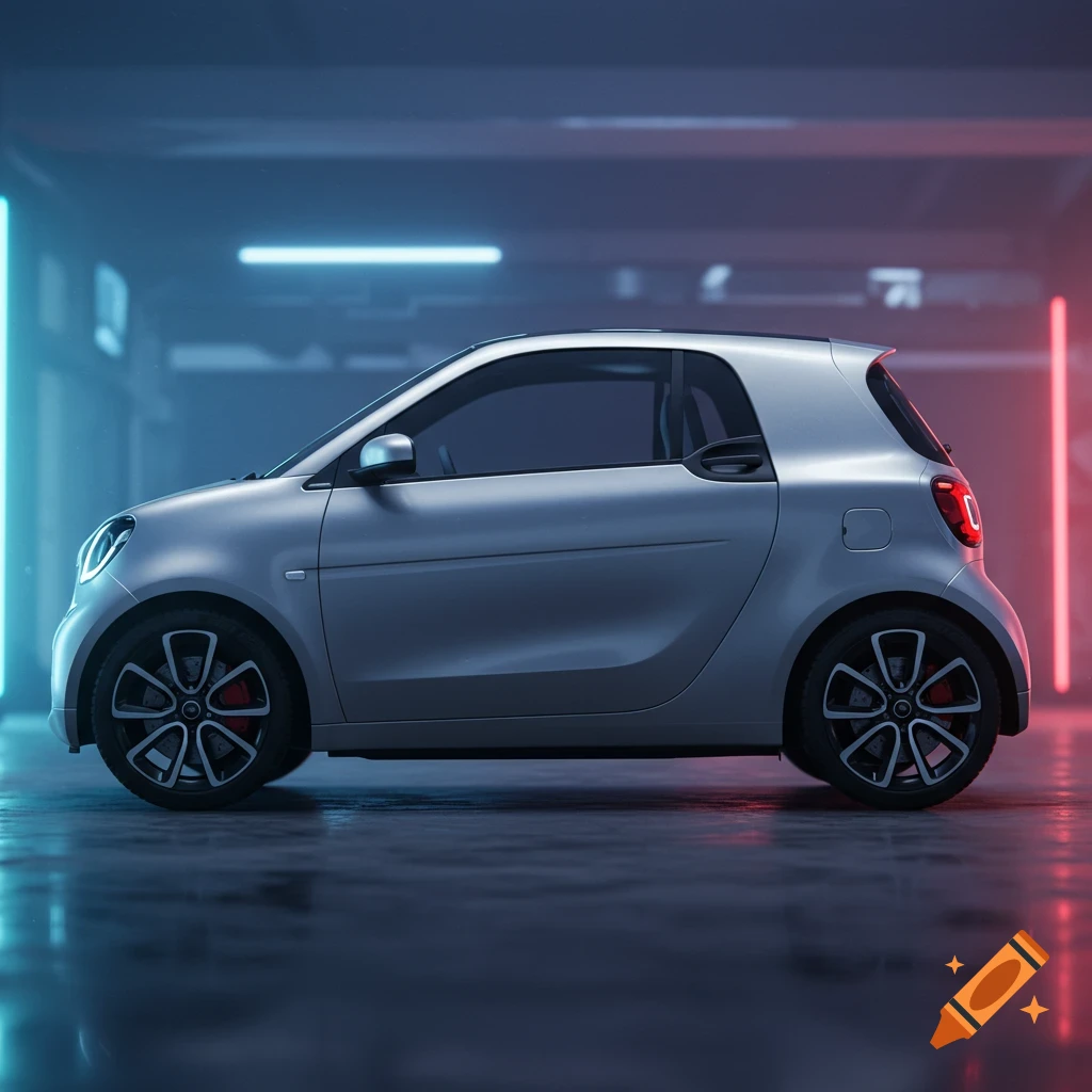 A silver compact electric car parked in a futuristic garage with blue and red neon lighting.
