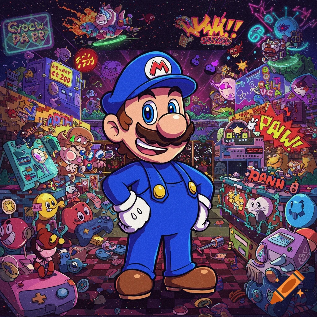 A smiling blue Mario-like character with an M on his hat stands in a vibrant, chaotic, cartoonish video game world filled with floating objects and characters.