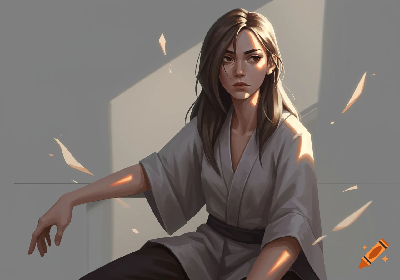 Digital illustration of a woman with long brown hair in a white kimono, lit by warm sunlight, with a focused expression.