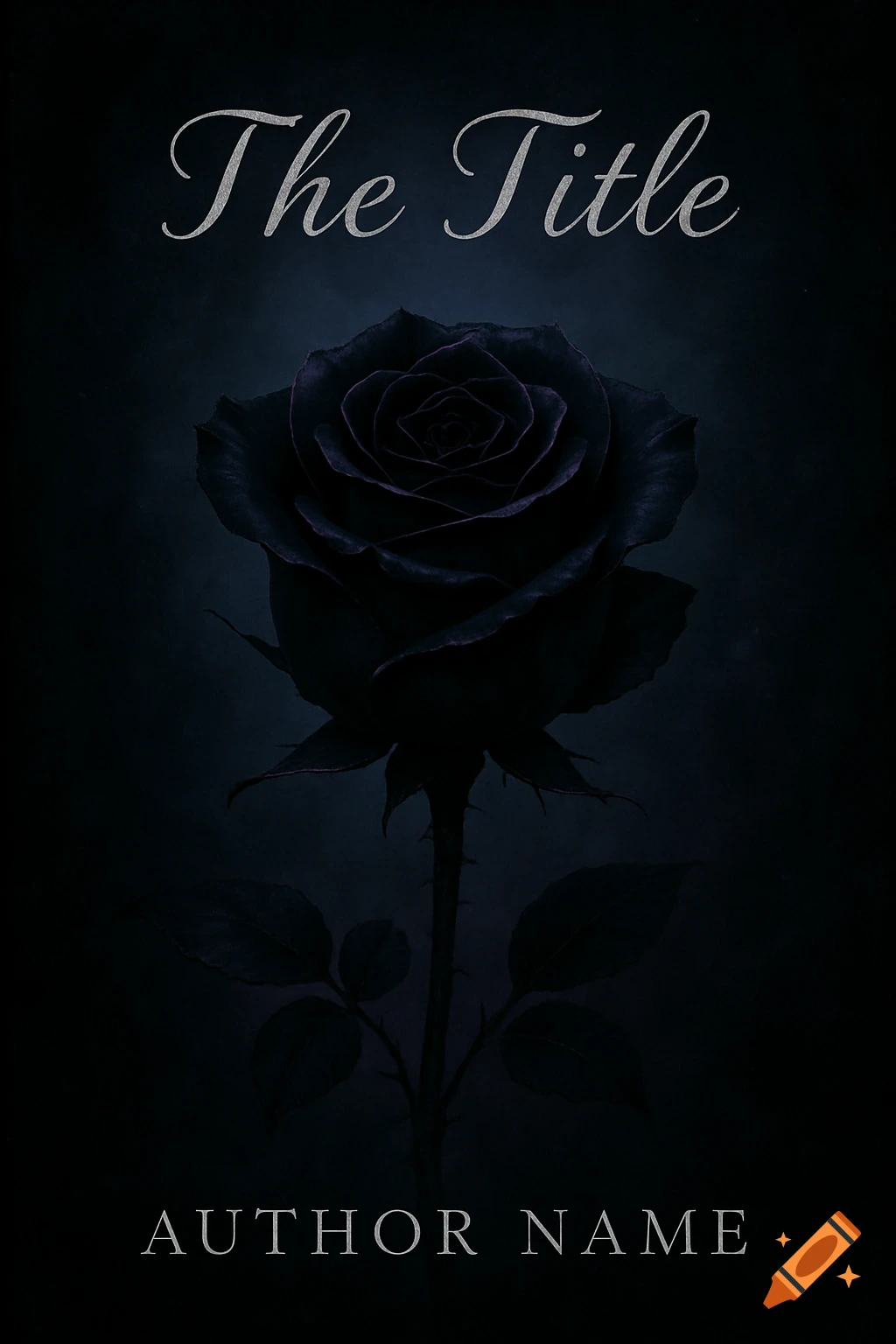 Dark, gothic book cover with a black rose on a deep blue-purple background. Silver text reads 'The Title' and 'AUTHOR NAME'.