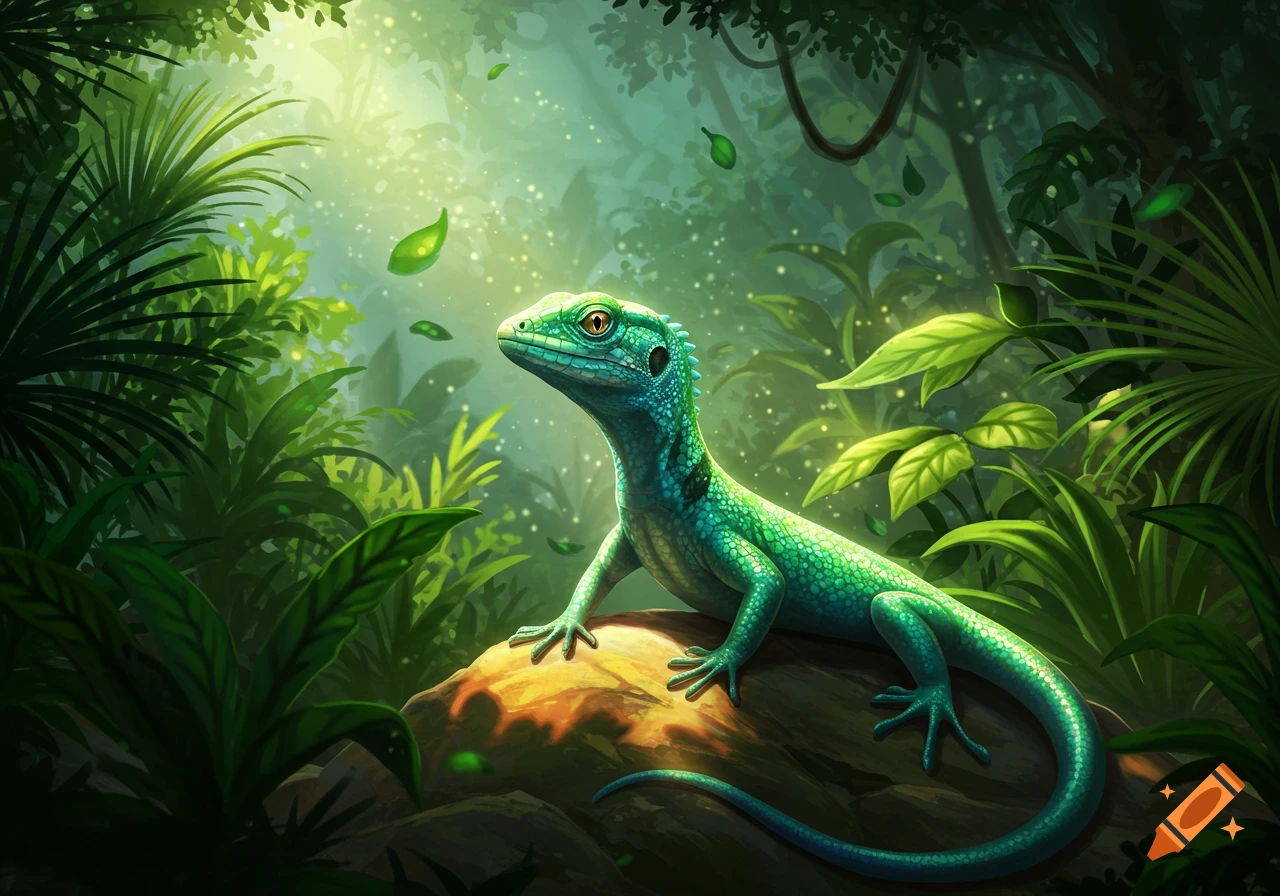 A vibrant green and blue lizard with scales sits on a sunlit rock in a lush, stylized jungle environment.