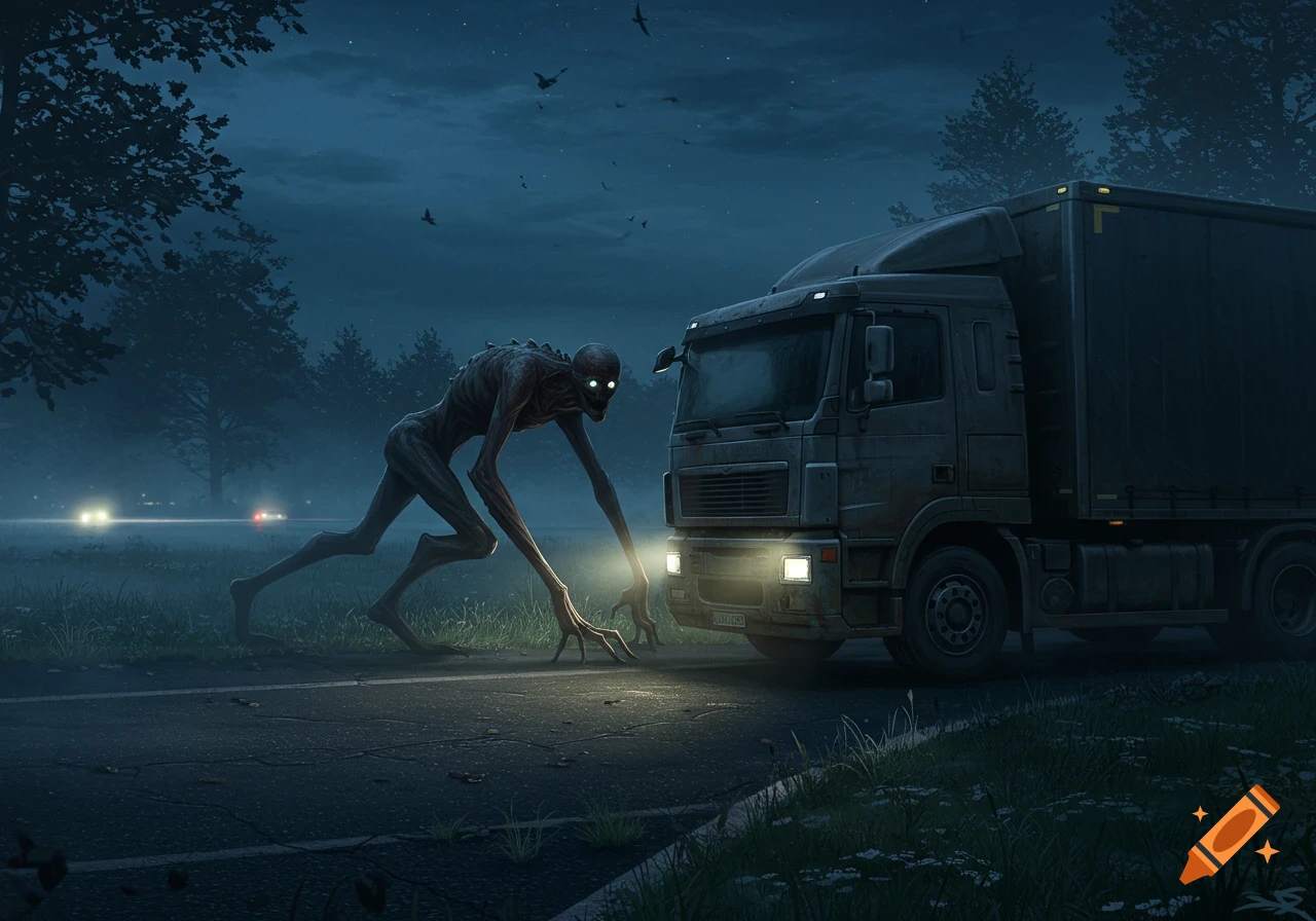 A skeletal monster with glowing eyes crouches on a dark road, confronting a parked semi-truck at night. Its long fingers reach for the headlight.