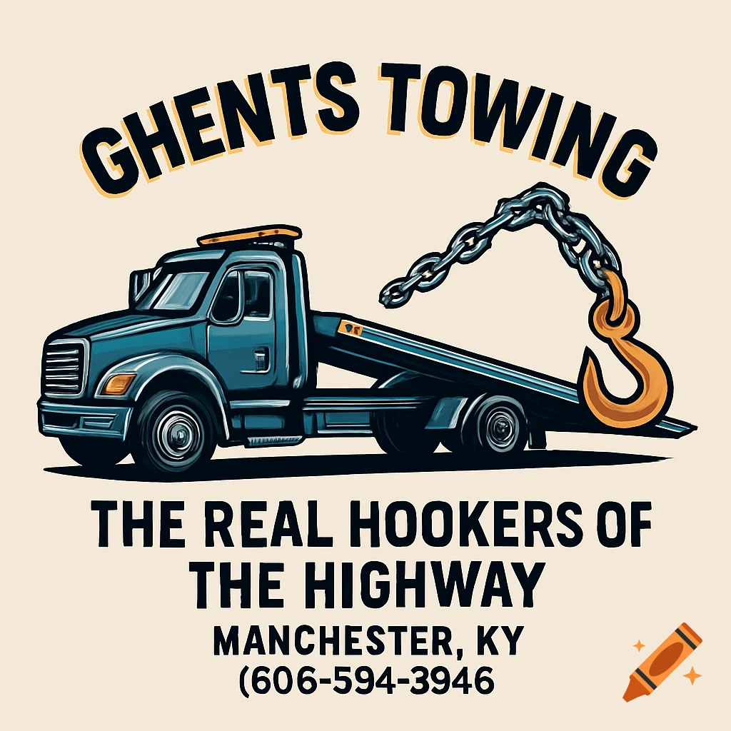 Vector illustration of a blue flatbed tow truck logo with a large chain and hook. Text reads 'GHENTS TOWING' and 'THE REAL HOOKERS OF THE HIGHWAY'.