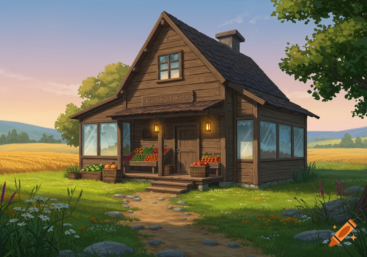 A charming wooden farm stand with a front door and windows, surrounded by green fields and trees under a clear sky, in a stylized art style.