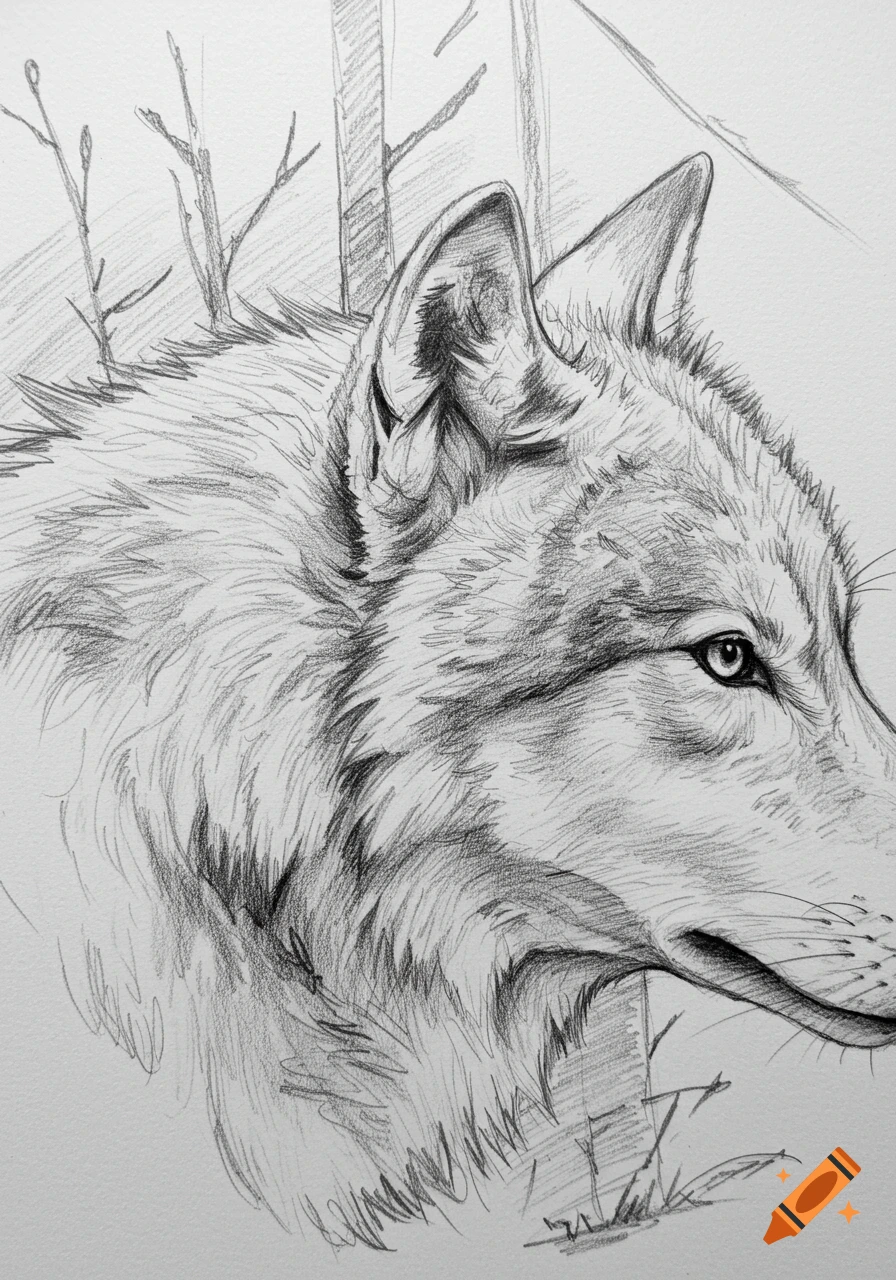 Detailed pencil sketch of a wolf's head looking to the right, with faint trees in the background.