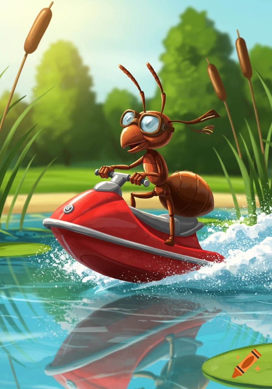 A cheerful cartoon ant wearing goggles rides a red jet ski on a sunny lake, creating a splash.
