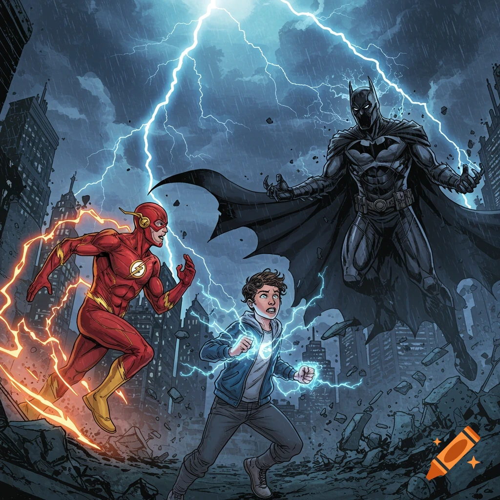 A comic art illustration of The Flash running past a shocked boy with electrical powers, while a menacing Batman-like figure looms in a stormy, destroyed city scene with lightning striking.