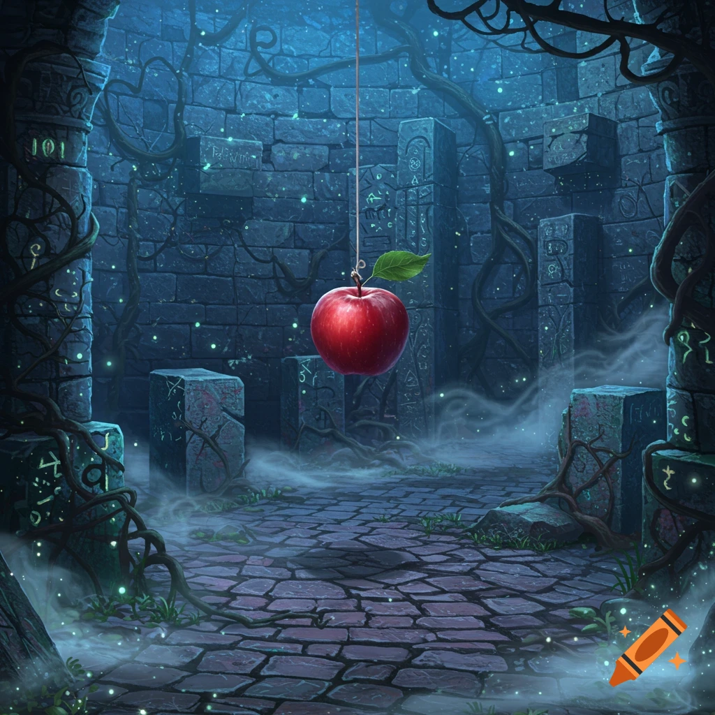 A red apple hangs by a string in a dark, ancient stone labyrinth with glowing runes, twisted vines, and mystic fog.