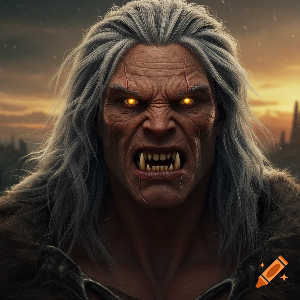 Close-up of a fierce fantasy creature with long gray hair, scarred tan skin, glowing yellow eyes, and pointed teeth.