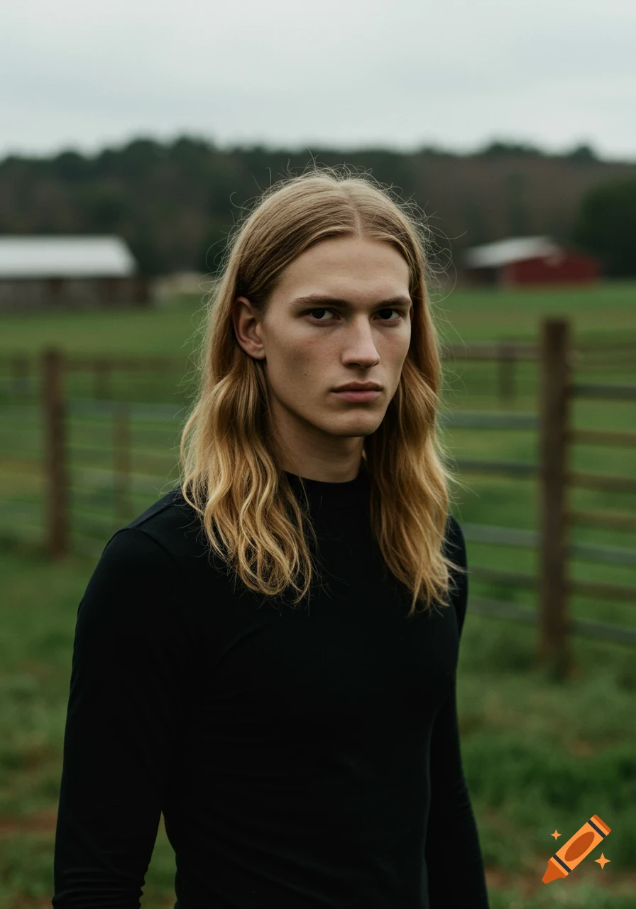 A stoic man with long blond hair and black clothes stands in a green field with a fence and distant farm buildings under an overcast sky.