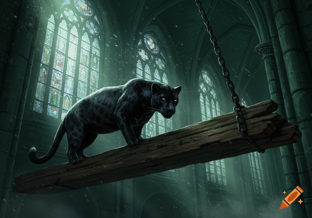 A black panther with glowing green eyes stands on a wooden beam inside a dark, gothic cathedral with stained-glass windows.