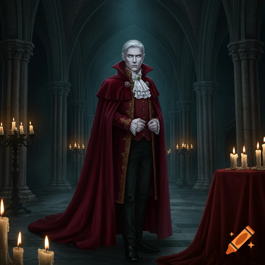 A white-haired male vampire in a regal red and gold cloak stands in a dimly lit gothic hall with candles.