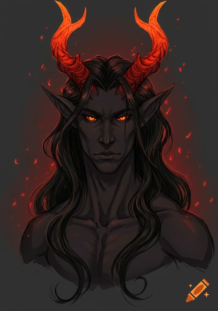 A drawing of a dark-skinned male fantasy character with long black hair, pointed ears, glowing red horns and eyes, and a muscular upper body.