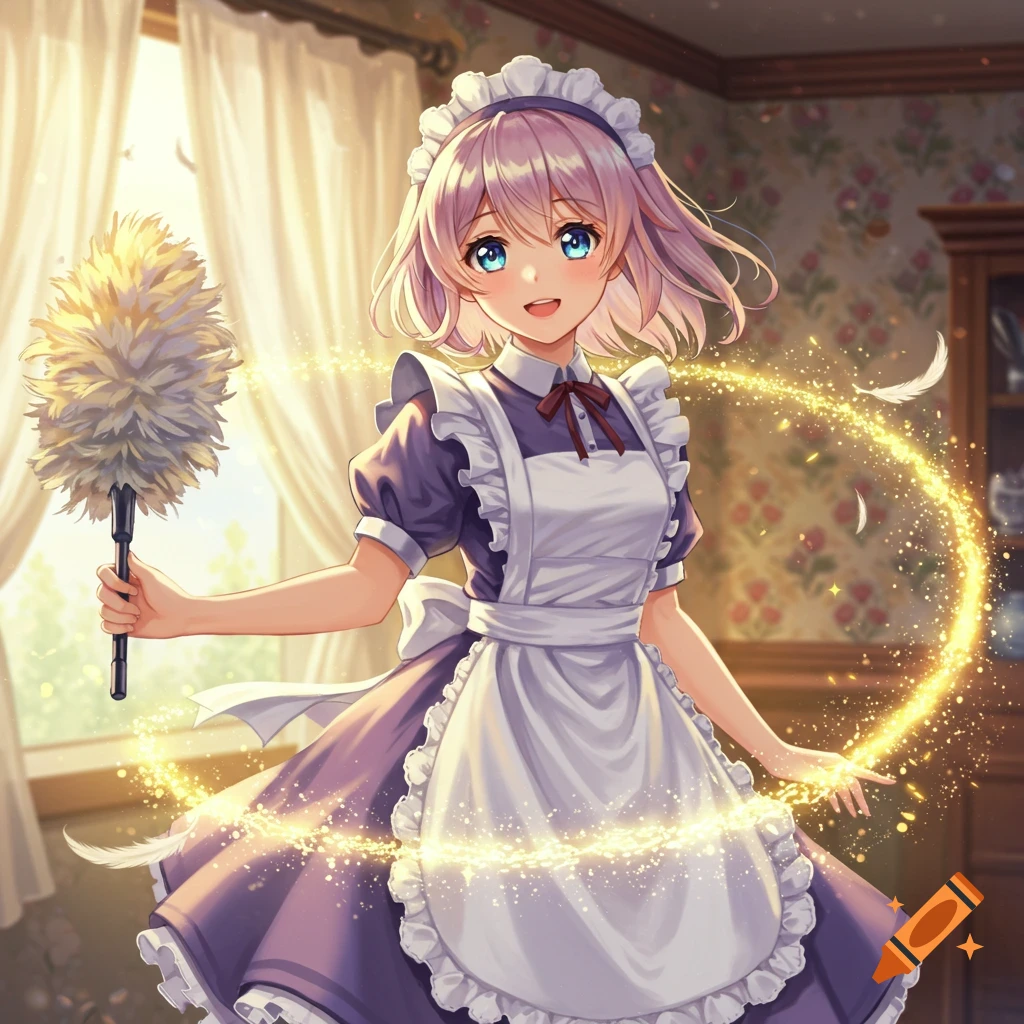 Anime maid with pink hair, blue eyes, and a purple dress holds a duster as golden sparkles swirl around her in a sunlit room.