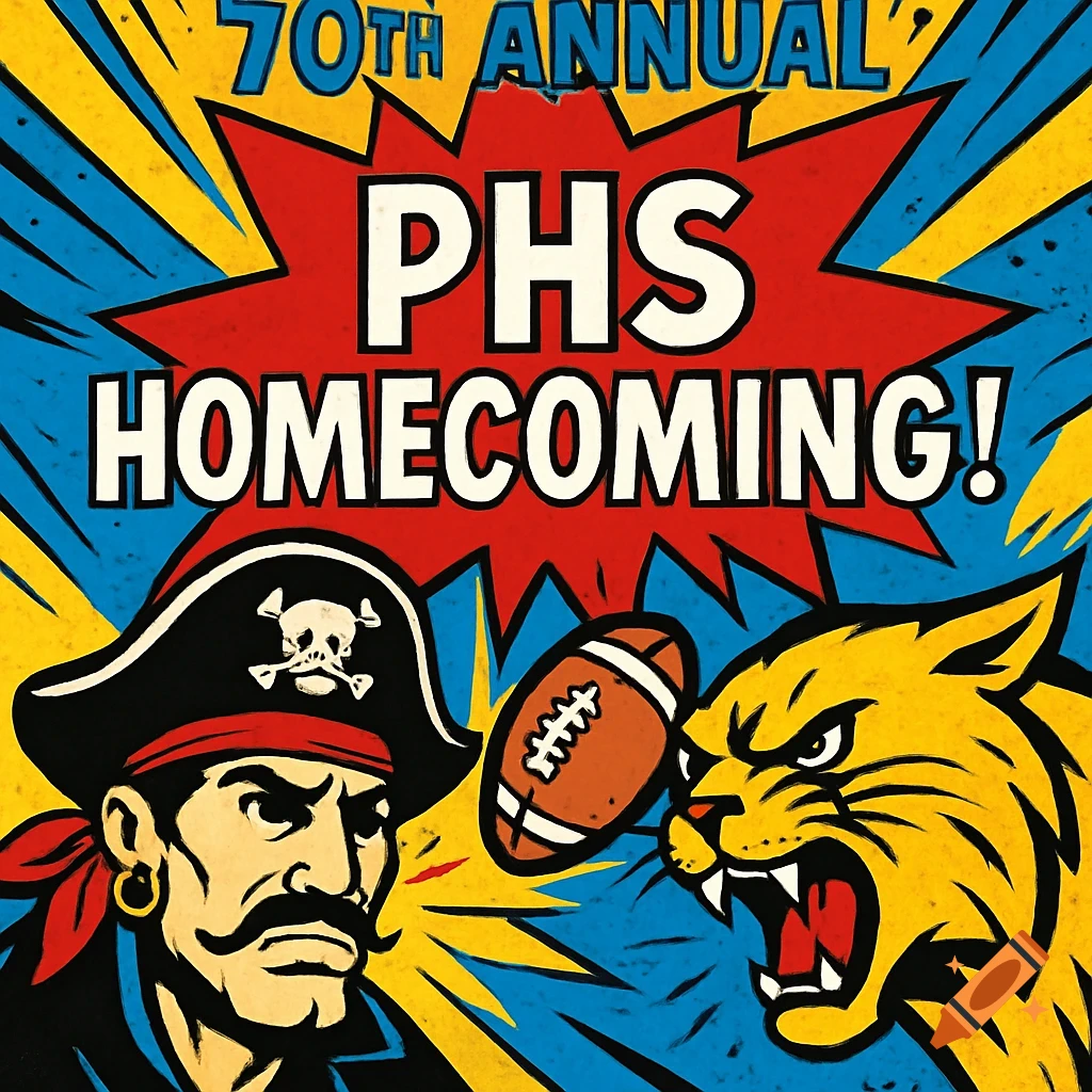 Comic book style poster for 70th Annual PHS Homecoming! A pirate, a wildcat, and a football clash in a dynamic explosion.