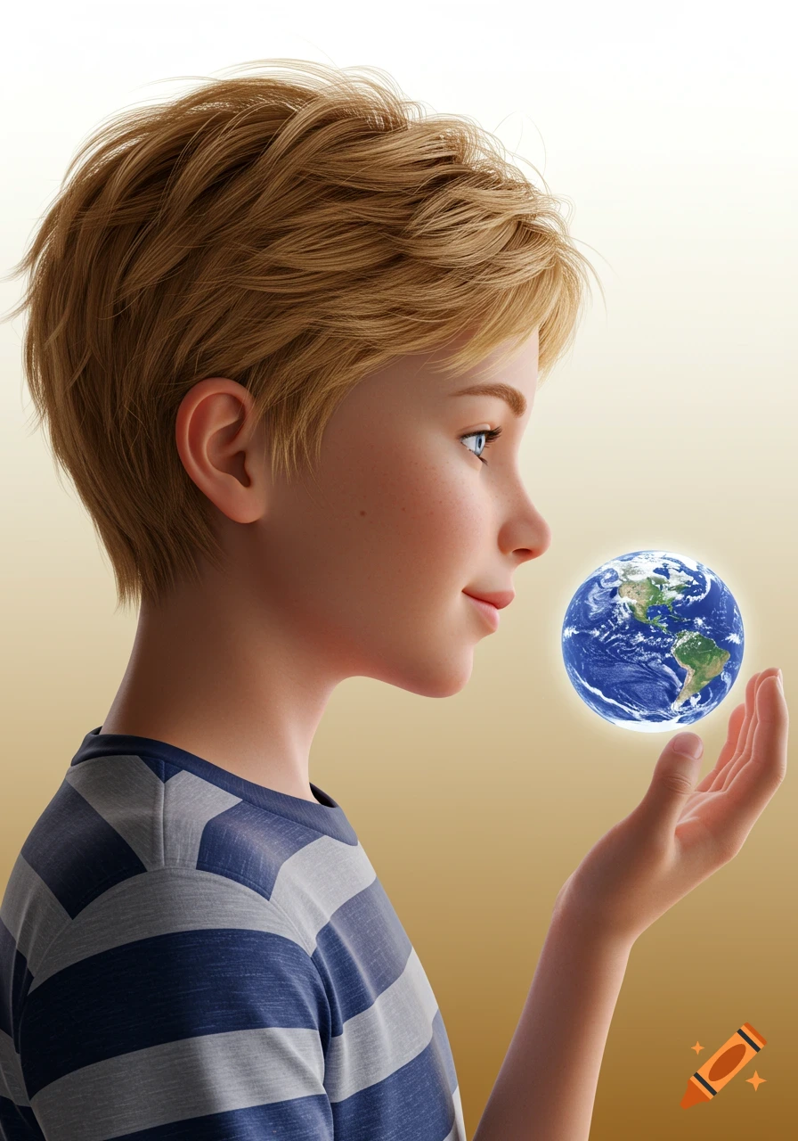 A blond boy in a striped shirt gently holds a small glowing Earth in his hand, looking at it with a soft smile. Realistic illustration.