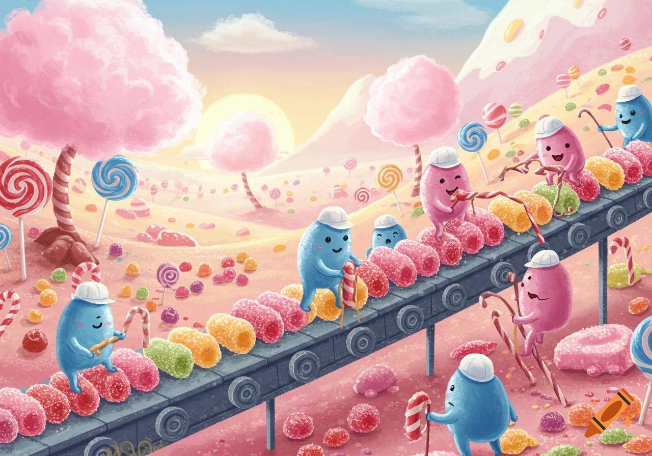 Whimsical cartoon of cute, blob-like characters working in a candy factory landscape with cotton candy trees, giant lollipops, and sweets.