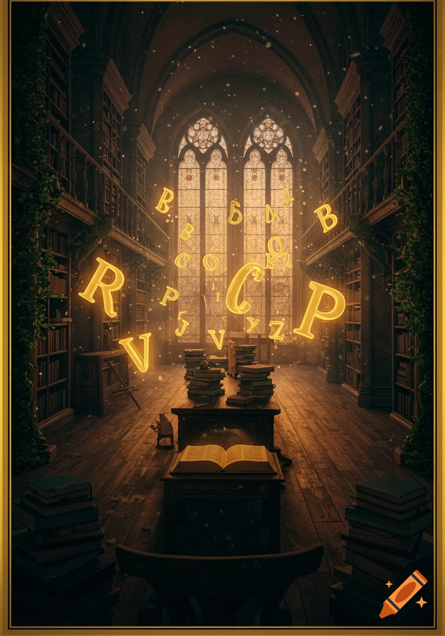 A magical library with glowing letters from various alphabets floating through the air, bathed in warm light.