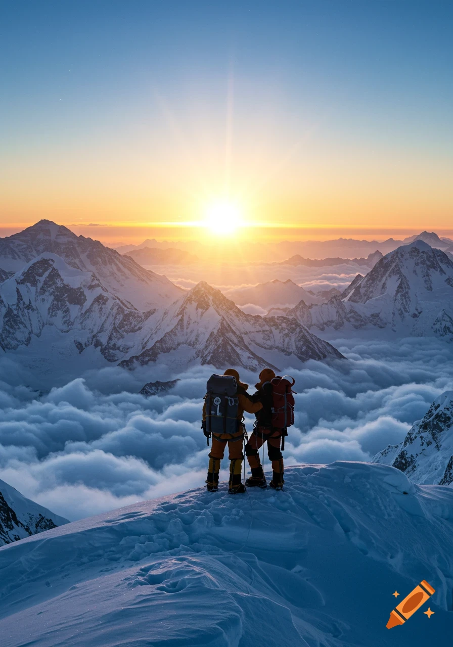Two climbers stand on a snowy mountain peak at sunrise, overlooking a vast landscape of clouds and distant mountains. Photorealistic.