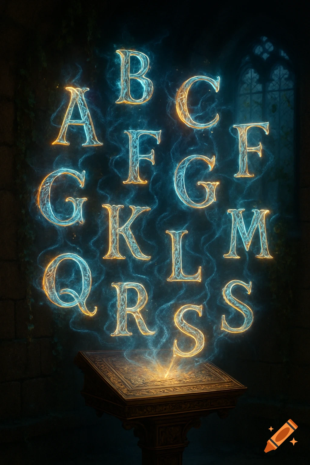 Glowing alphabet letters A, B, C, F, G, K, L, M, Q, R, S rise from a magical book in a dark room.