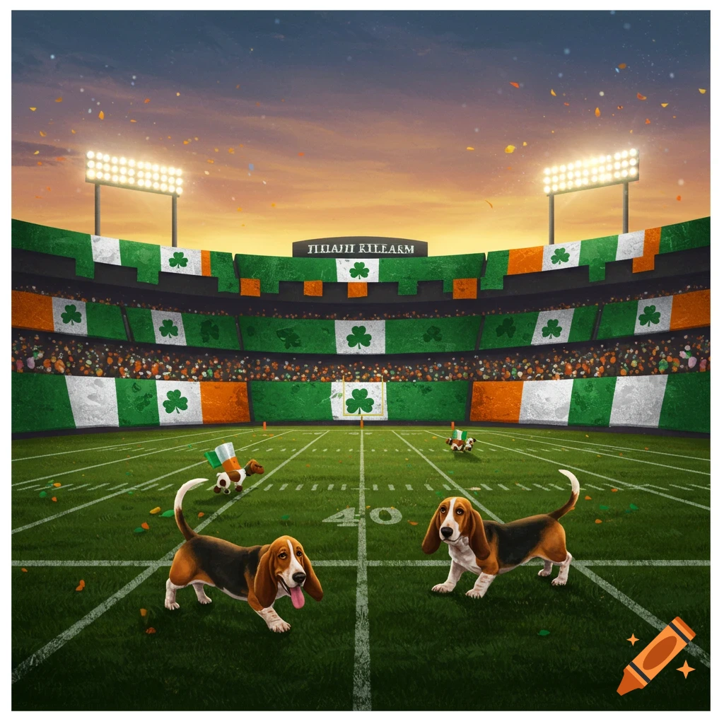 An American football stadium decorated with Irish flags and shamrocks, with two basset hounds on the field under an orange sky.