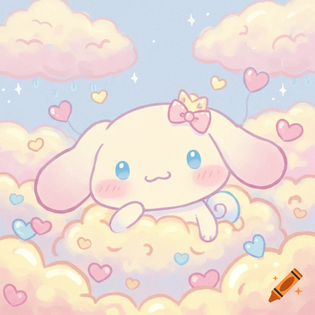 A cute, light-yellow Cinnamoroll-style character with pink cheeks and a bow, floating on pastel clouds surrounded by hearts.