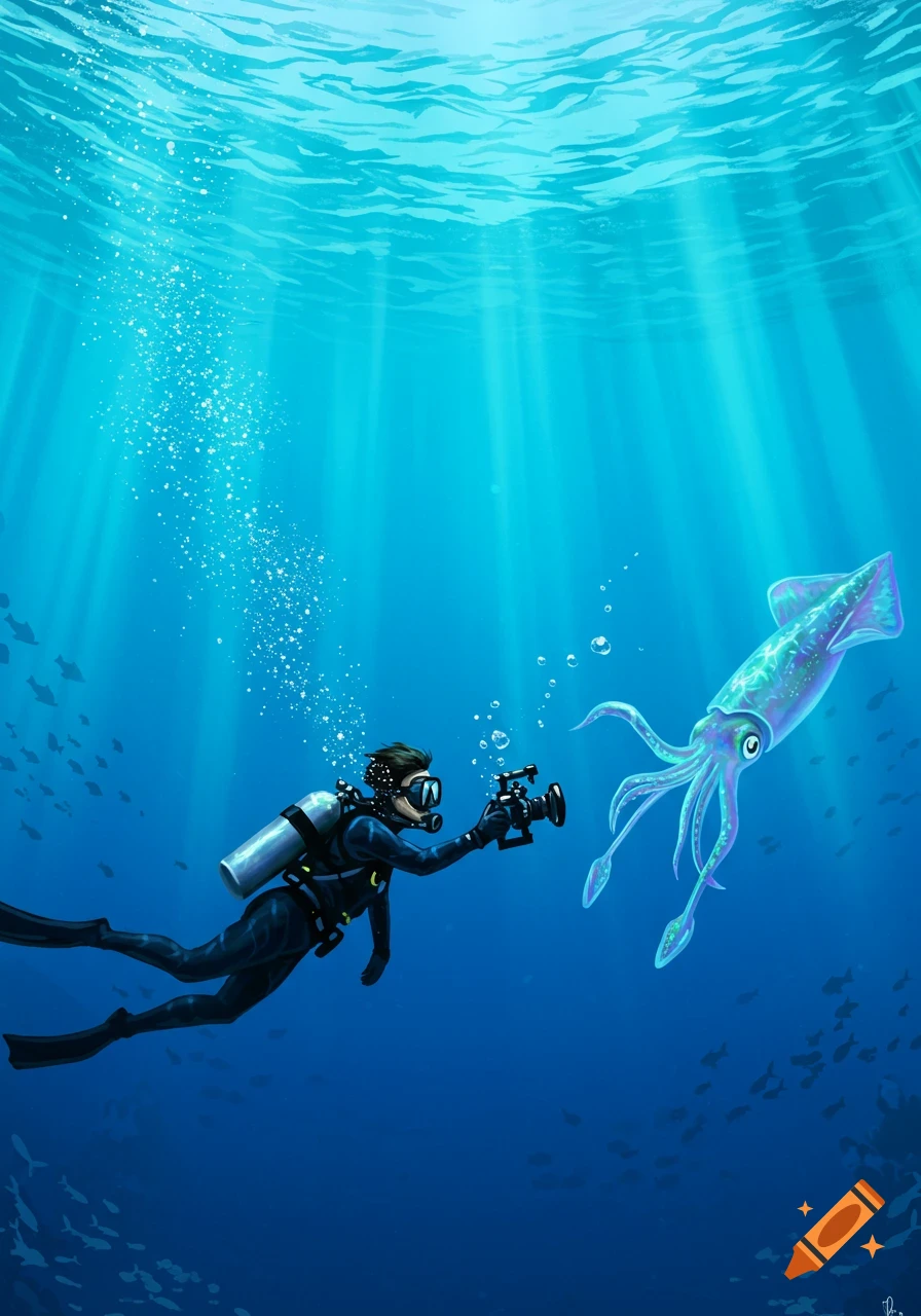 An illustration of a diver in a wetsuit photographing a luminous squid deep underwater with light rays filtering from above.