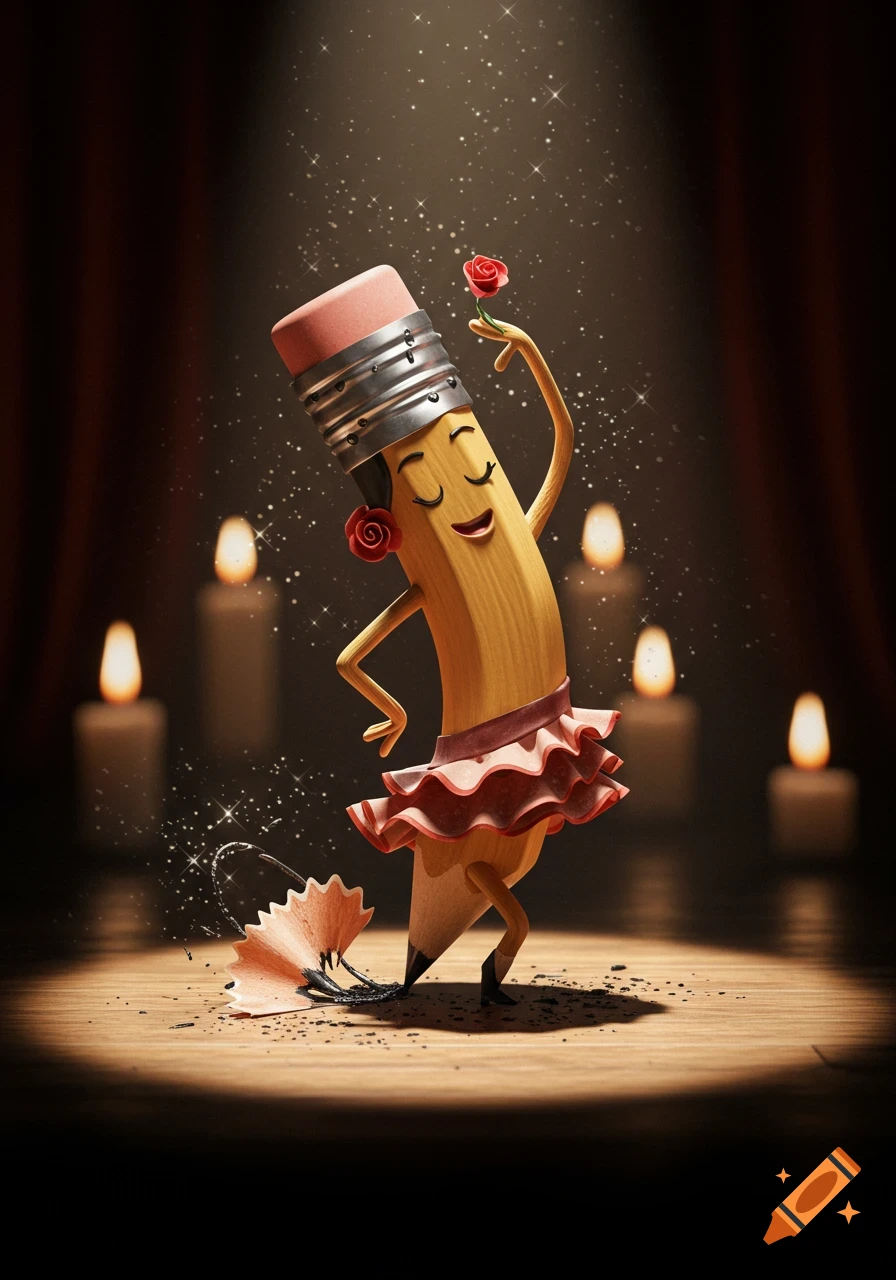 A whimsical anthropomorphic pencil in a ruffled skirt dances flamenco on a stage, holding a red rose, with candles and sparkles.