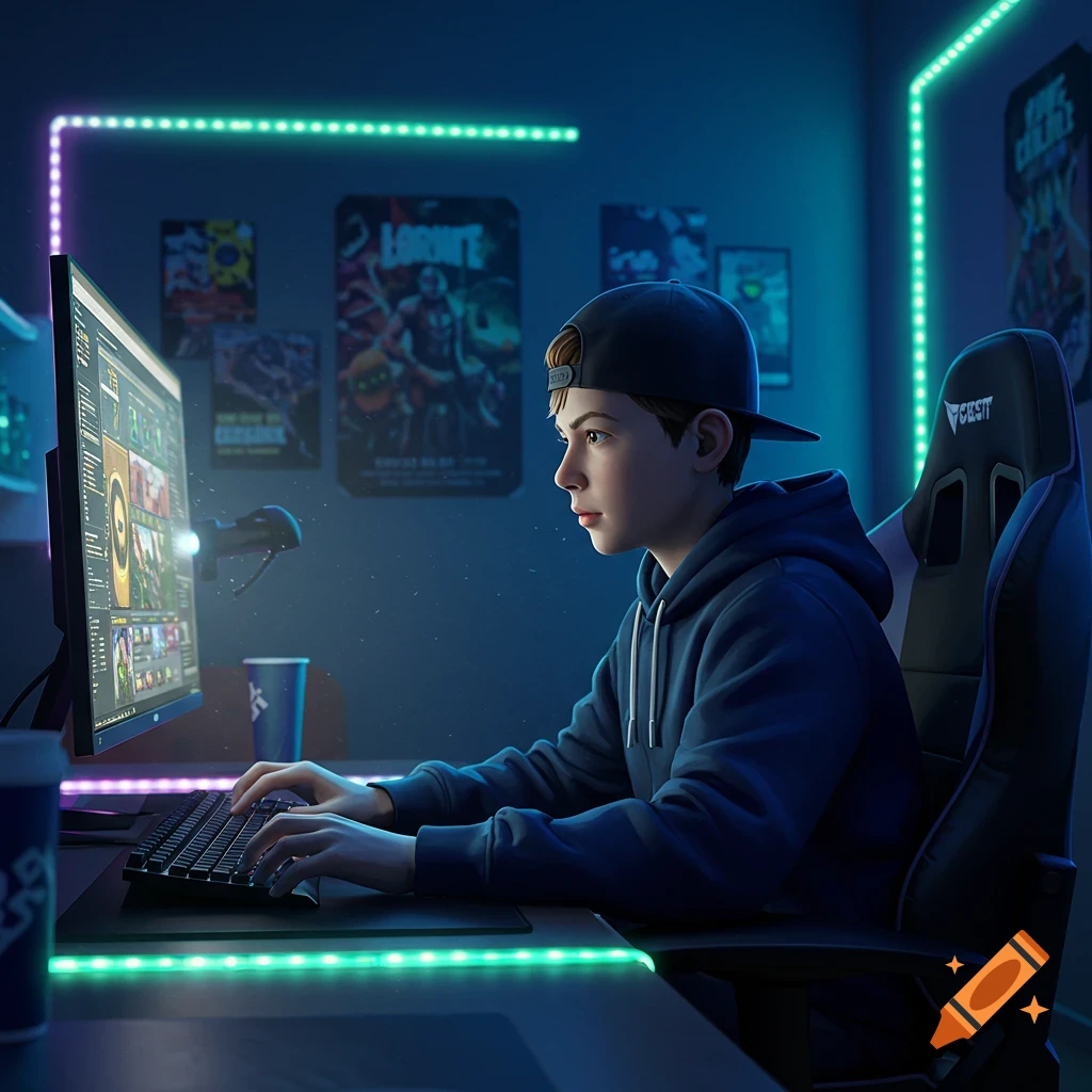 A young boy in a hoodie and baseball cap plays Fortnite on a computer in a neon-lit room, with gaming posters on the wall. Photorealistic style.