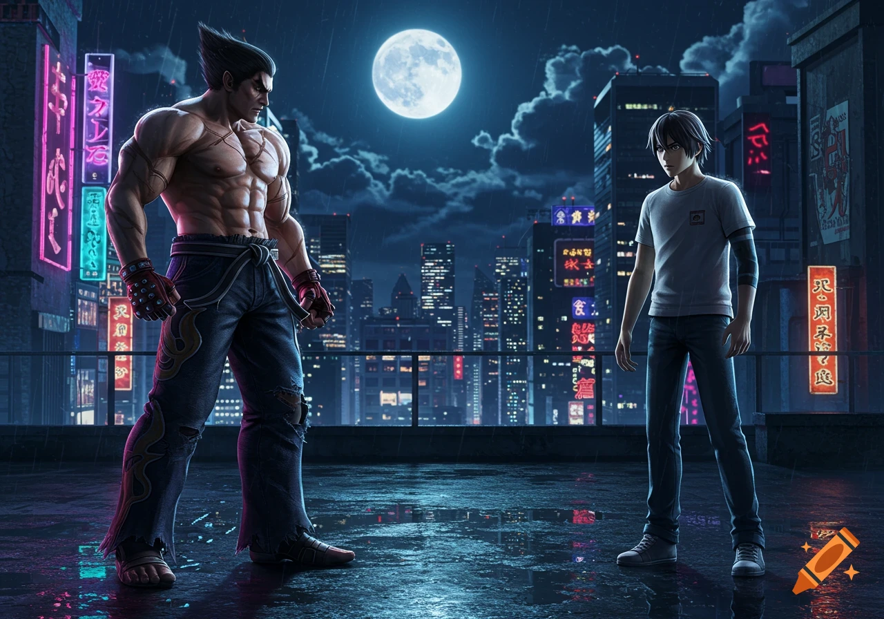 Two anime-style male characters face each other on a rainy rooftop at night, illuminated by a full moon and neon city lights.