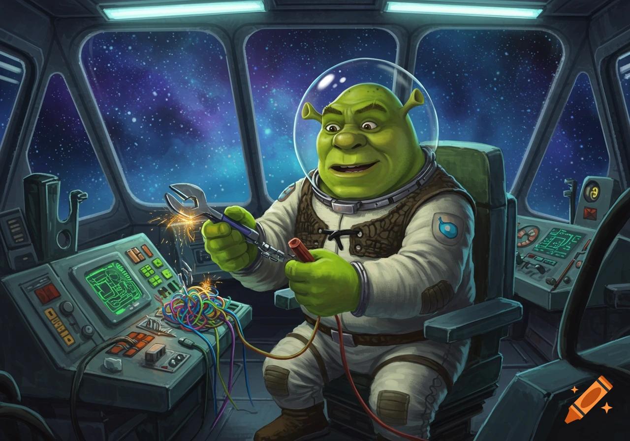 Shrek in an astronaut suit repairs tangled wires inside a spaceship, with stars visible outside the window.