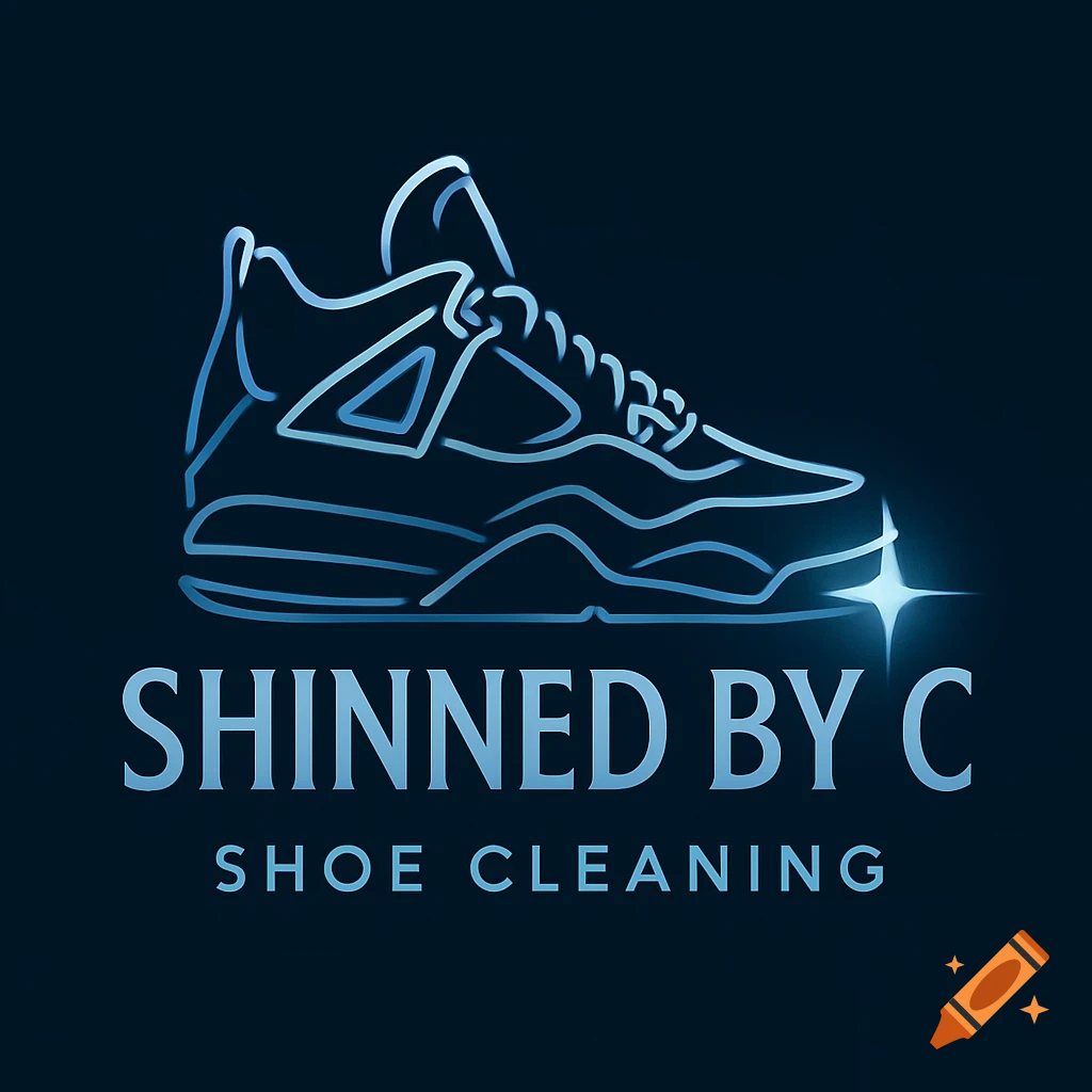 Minimalist blue neon outline logo of a sneaker with a sparkle, above 'SHINNED BY C' and 'SHOE CLEANING'.