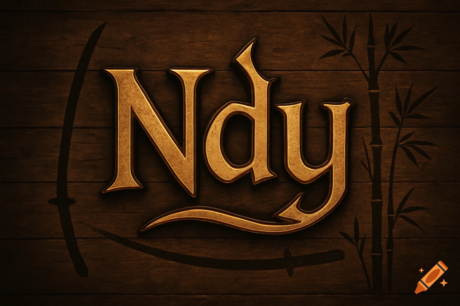 Golden 3D text "Ndy" on a dark wooden background with silhouettes of a katana and bamboo.