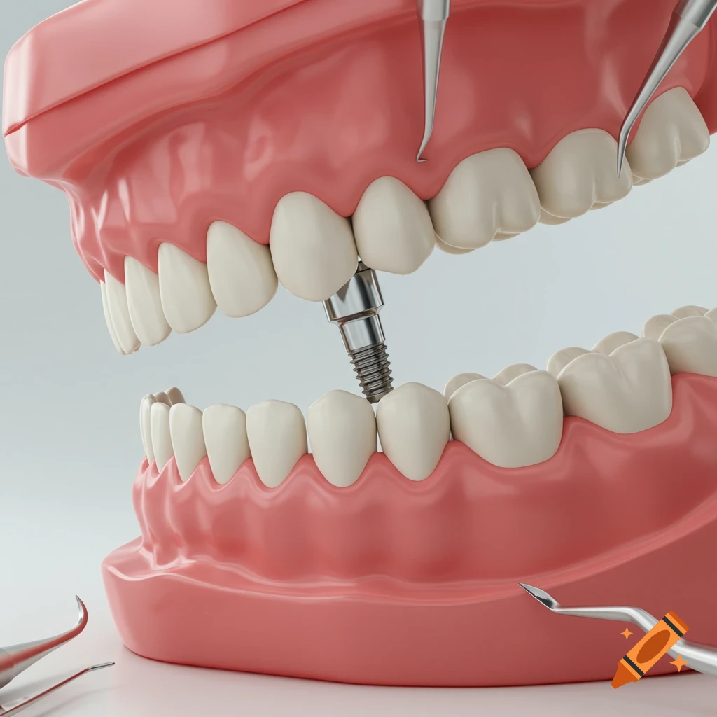 Close-up of a dental model demonstrating a tooth implant being placed into the jaw, with surgical tools.