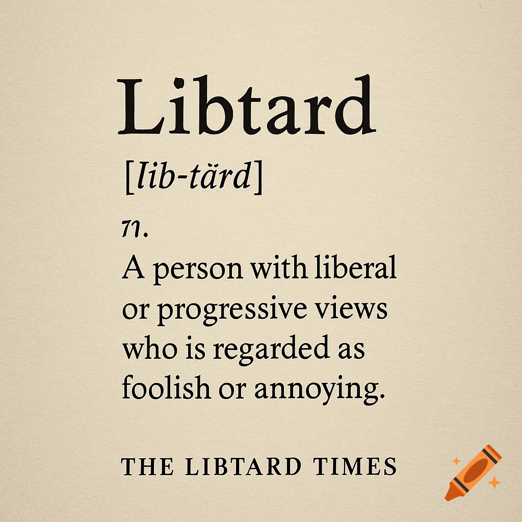 A satirical dictionary definition for the word 'Libtard' on a textured cream paper background. It shows pronunciation, part of speech, definition, and 'The Libtard Times' logo.