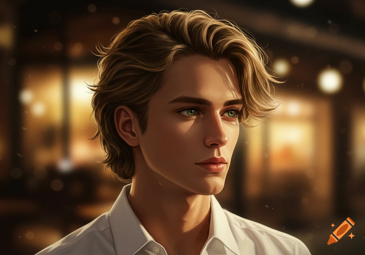 Portrait of a young man with green eyes and wavy brown-blonde hair wearing a white shirt, looking to the side.